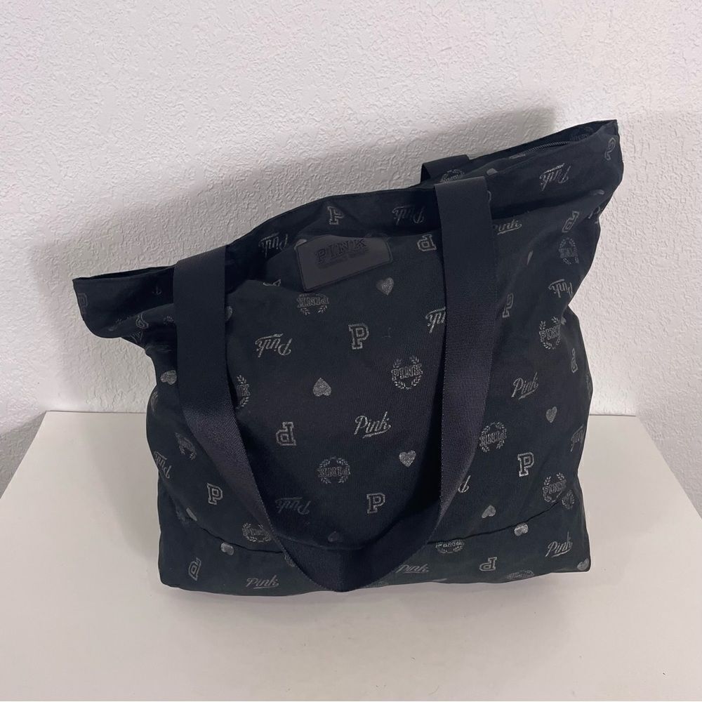 Victoria’s Secret Pink Black Monogram Logo Zipper‎ Close Tote Bag